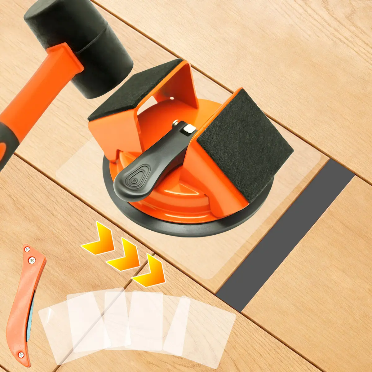 Heavy Duty Floor Gap Fixer Tool Kit with Rubber Mallet, Iron Striker, Double 45° Striking Surface, Suction Cup, 5 Adhesive Sheets, Auto-Tightening Grip for Hardwood, Vinyl, Tile Floors, Felt-Compatible for Anyone, Corner Access