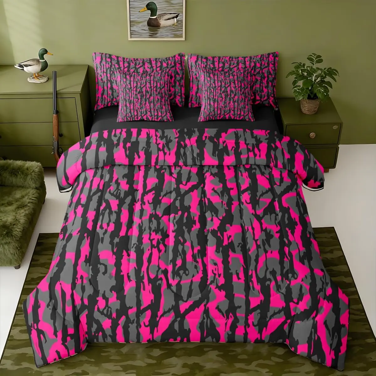 Hot Pink Black Camouflage 7 Piece Bedding Set,Camo Hunter Comforter Set with Sheets,Pillowcases & Cushion Cover Farmhouse Rustic Bed in a Bag Microfiber Military