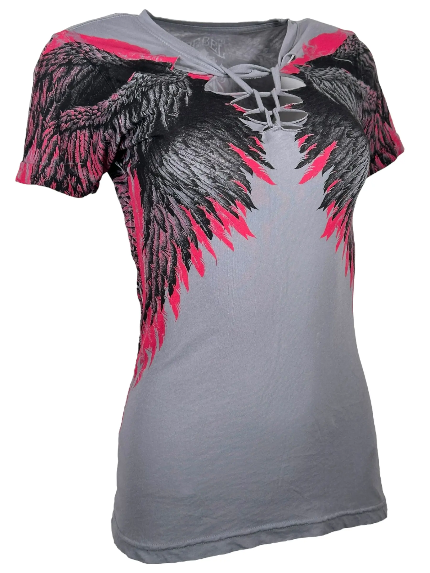 Women's Short-Sleeve Printed Round Neck Streetwear Top - Rebel Saint by Affliction Soaring Angel Design