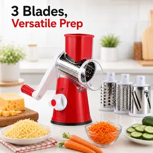 MIUVA Multifunctional Manual Rotary Cheese Grater with 3 Replaceable Stainless Steel Blades, Useful Kitchen Products, Hand Crank Vegetable Cutter, Slicer & Shredder for Cheese, Potatoes, Cucumbers, Carrots, Nuts & Chocolate, Kitchen Gadget