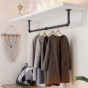 Zhengwanhh09j  Garment Rack Wall Drying Rack 36'' Industrial Pipe Clothes Hanging Rod Heavy Duty Wall Mounted Clothes Rack Iron Kitchen Laundry Metal Room Shelf Wood Hangable Hanger Black Finish Garment Rack Wall Drying Rack