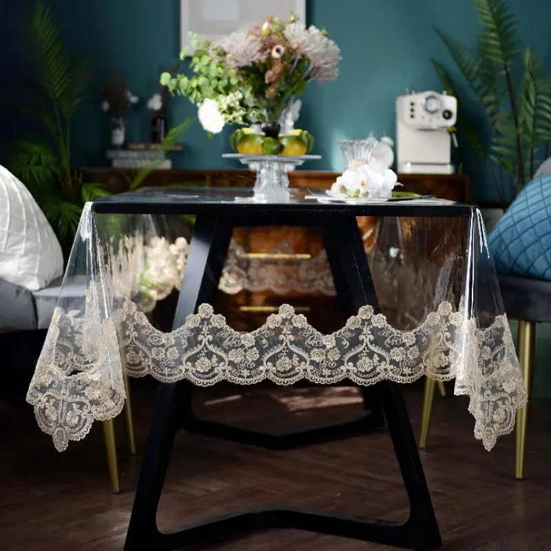 Elegant PVC Tablecloth with Lace Trim, Dust-Proof Dining Mat, Simple Design for Kitchen, Restaurant, Party, Outdoor Decor, Transparent Table Cover