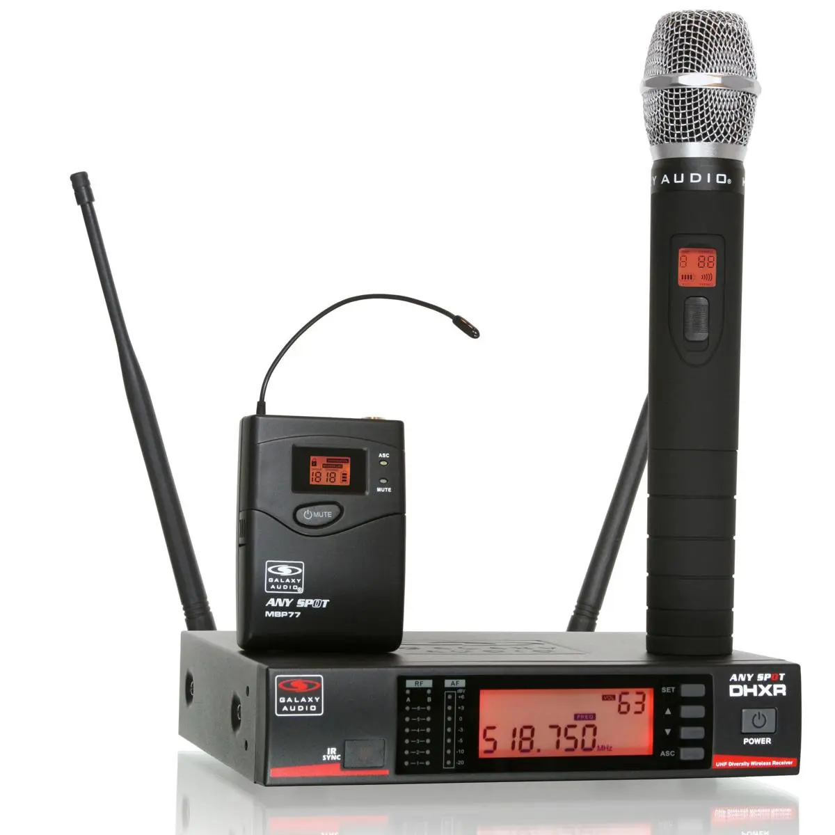 Galaxy Audio DHX-DHXR Durable Metal UHF Wireless Handheld Microphone System - DHXR Receiver, HH65SC Condenser UHF Transmitter, Detachable Design, Lock Feature, LCD Screen, Auto Scan Sync