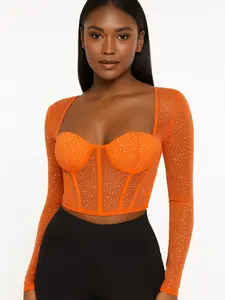 Women's Seline Sexy Corset Mesh Longsleeve Blouse Top - Orange Rhinestone-Embellished Mesh, Built-in Bra Cup, Chic Summer Clothes for Trousers or Skirts