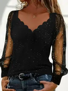 Women's Elegant V-Neck Sequined Contrast Mesh Long Sleeve Top, Slim-Fitting Summer Casual Party Commute Wear Womenswear