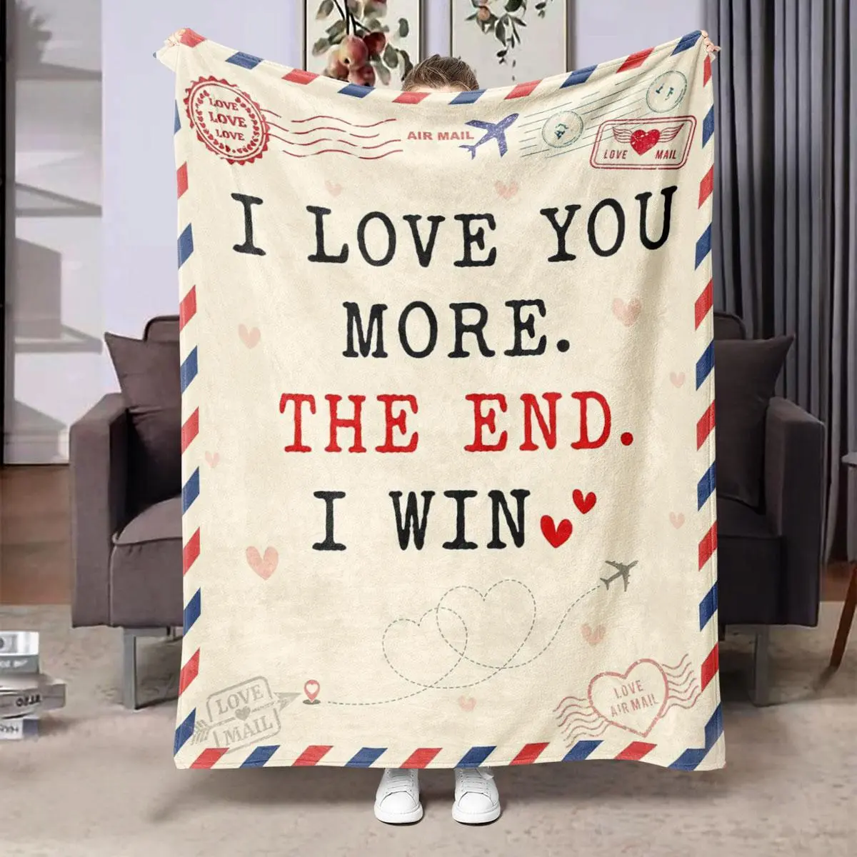 Super Microfiber "I Love You More" Love Message Blanket, 1/2 Counts, Lightweight Warm, Wrinkle Resistant, Multi-Size, Indoor Outdoor Use, Living Room Throw, Christmas Thanksgiving Girlfriend Anniversary Gift