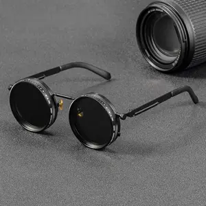 Polarized Round Sunglasses for Men - ND9 Adjustable Dimming Lens, Retro Punk Style, UV400 Anti-Ultraviolet Protection, Lightweight, Aerospace-Grade, Color-Tinted Dark-Lensed, Ideal for Fishing Driving, Casual Stylish Frames, Aerospace-Grade Men's Sunglass