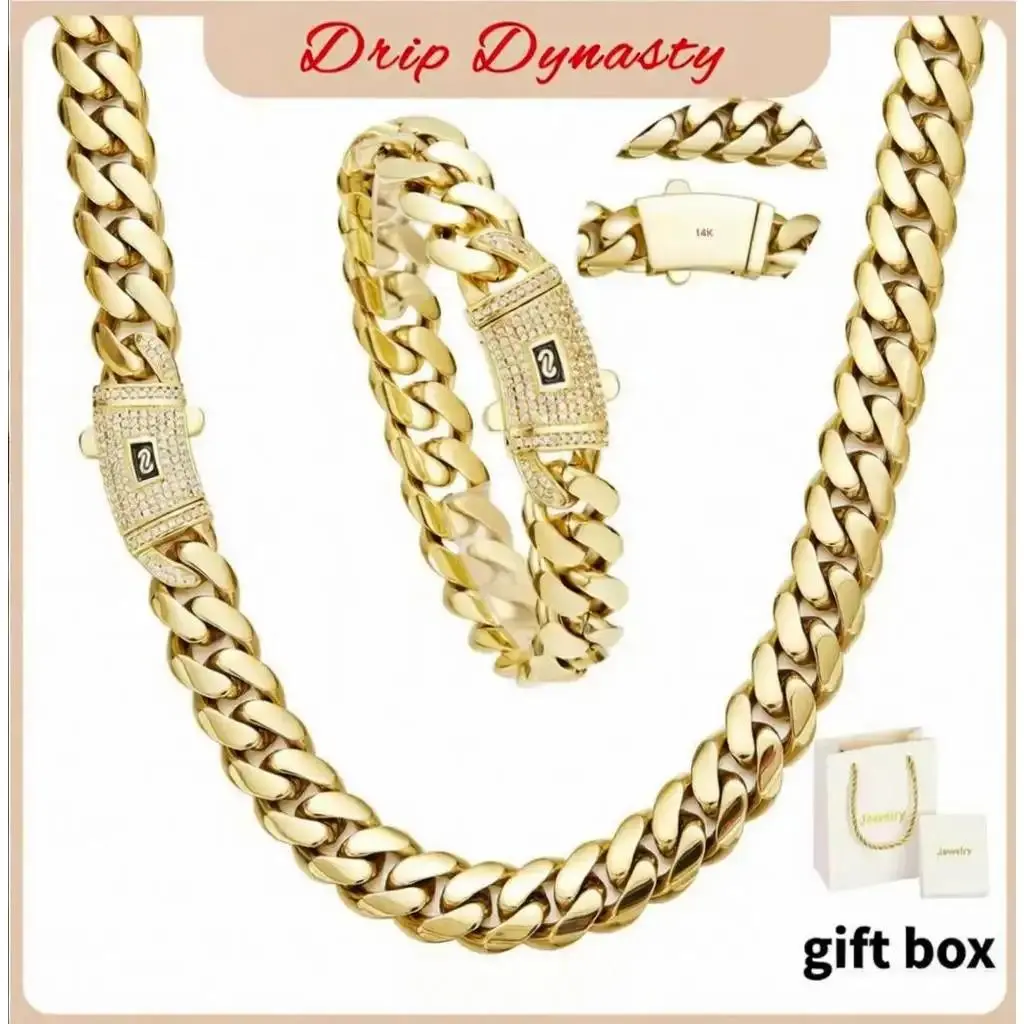 14K Gold-Plated Cuban Bracelet & Necklace Set, 6-14mm Sizes, Waterproof, Fade-Proof, Hypoallergenic, Timeless Shine Men's Jewelry Necklace, Perfect Gift Idea for Valentine's Day, Rapper Chain tiktokshopspringglowup Link men autumn girlfriend