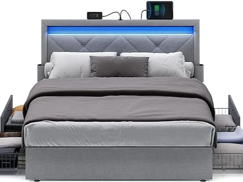 SONGMICS Queen Size Bed Frame with Built-in LED Lighting, Upholstered Adjustable Headboard, 4 Drawers, 1 USB Port and 1 Type-C Port - Fabric Upholstered Illuminated Panel Bed Frame, Bed Frames, Queen Bed Frame