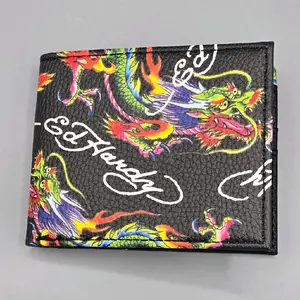 Ed Hardy Men's Bifold Wallet Multicolor with Vibrant Dragon Design and Signature Logo