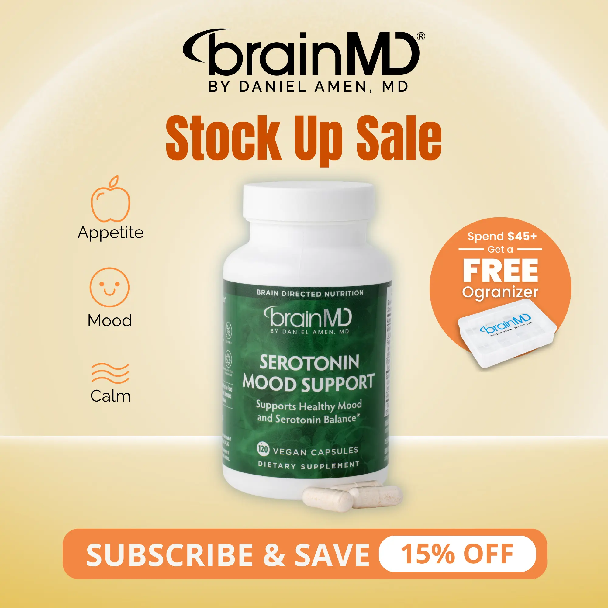 Serotonin Mood Support | BrainMD | 120 Capsules | Mood & Emotional Balance Support | Calm Focus & Healthy Appetite Support | Satiereal Saffron Extract with 5-HTP