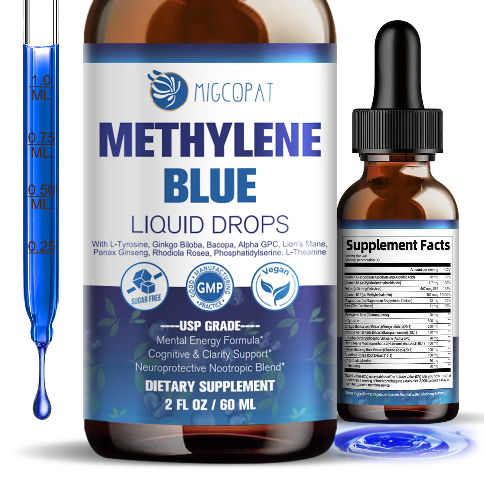 Migcopat Methylene Blue 2oz – USP Grade 1% with Alpha GPC, Lion’s Mane & Bacopa – Cognitive Support Supplement for Memory, Focus & Brain Health Healthcare Vitamin,60ml Glass Dropper Bottle ,#backtoschool