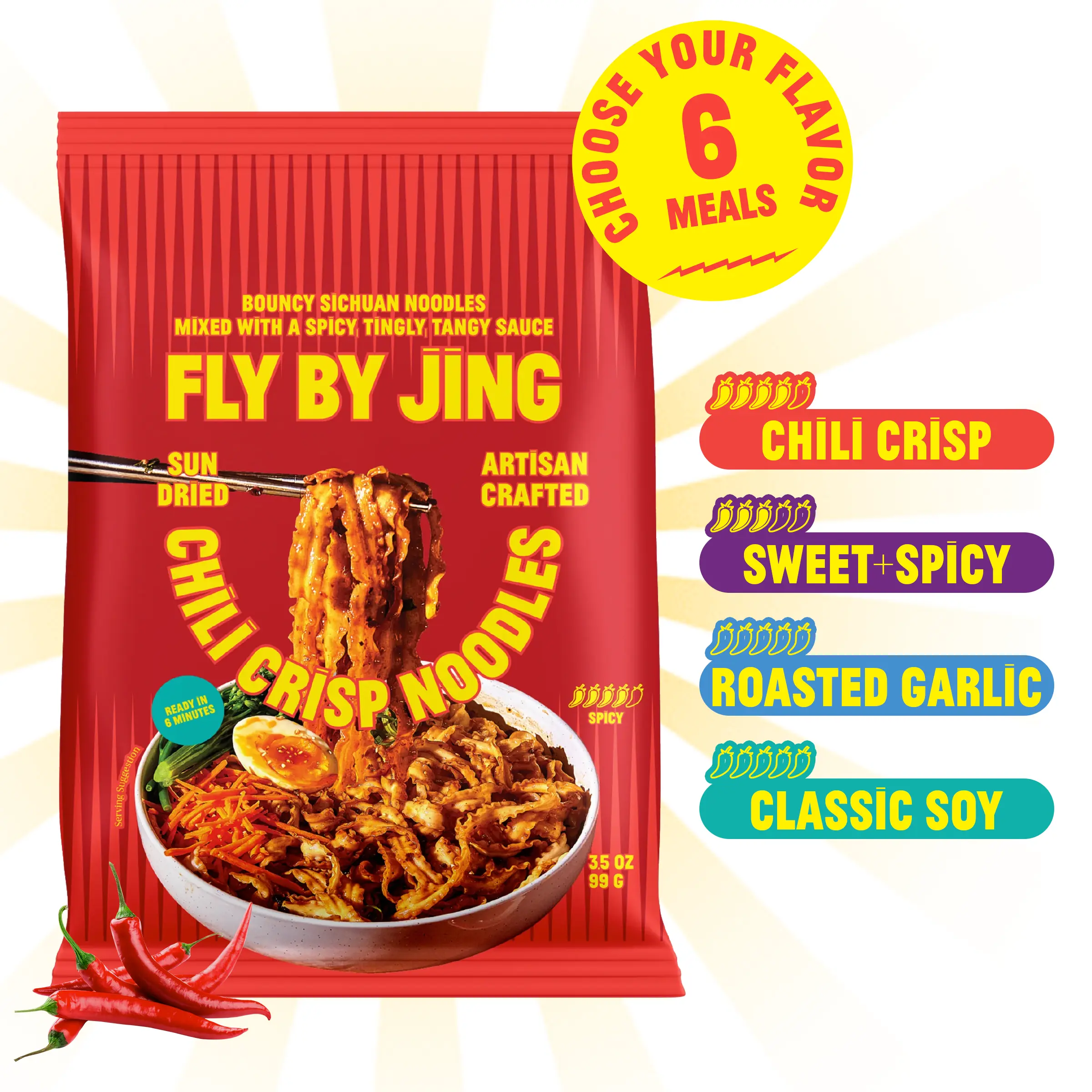 Fly By Jing Instant Noodles 6-Pack with Sichuan Sauce – 12g Protein, Ready in 6 Minutes – Choose Your Flavor