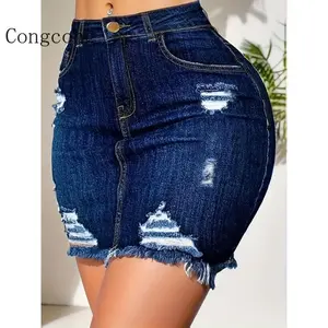 Ripped Raw Hem Distressed Bodycon Denim Skirt, High Waist Medium Stretch Washed Blue Slash Pocket Frayed Trim Denim Skirt, Women's Denim Jeans & Clothing Womenswear Bottom Comfort Fabric Gamis Skinny