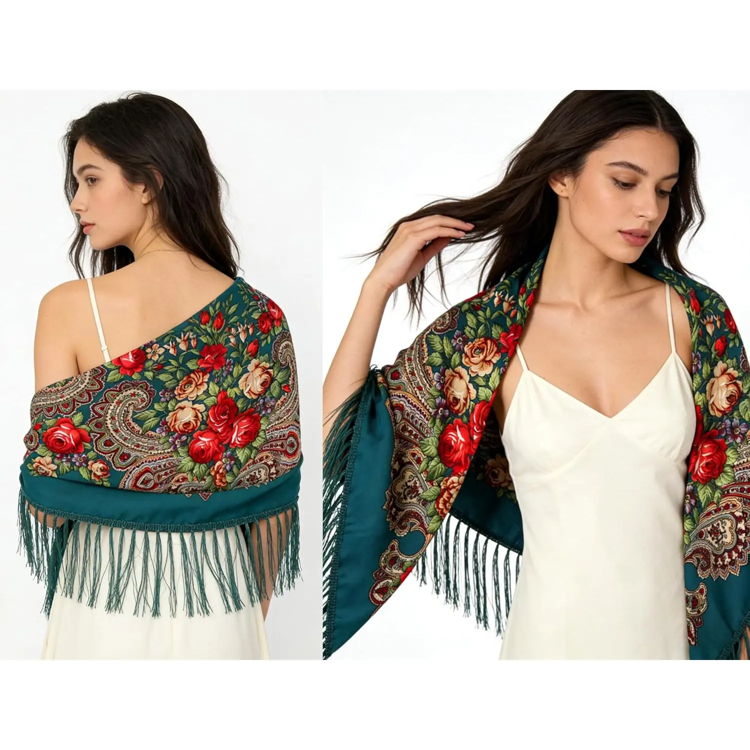 Women's Floral Square Shawl with Tassel Wrap, Casual Clothes Accessory Scarf, Cotton Blend