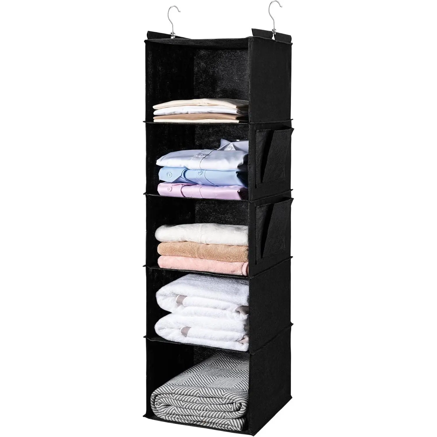 Hanging Closet Organizer and Hanging Shelves,5-Hanging Shelf with 2 Side Pockets,Hanging Organizer,Hanging Closet Shelves,Hanging Storage(Black)
