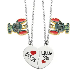 Disney Stitch Sisters Necklace - Big Sis & Little Sis Heart Charms with Stitch Design on Chains
