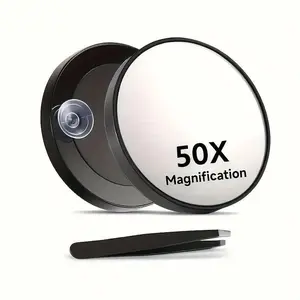 New 50x magnification makeup mirror set, with tweezers and suction cups to fix the round mirror. Must-have for both home and travel use (diameter 3.5 inches)