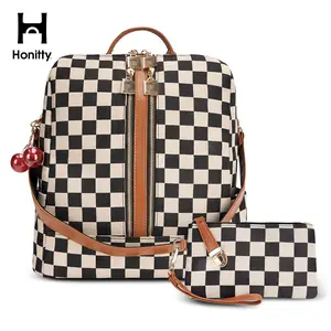 Trending Checkerboard Pattern Backpack Set, Women’s Fashionable Vintage Casual Large Capacity Zipper Travel Backpack & Wristlet, Multifunctional Bag Set For Daily Use