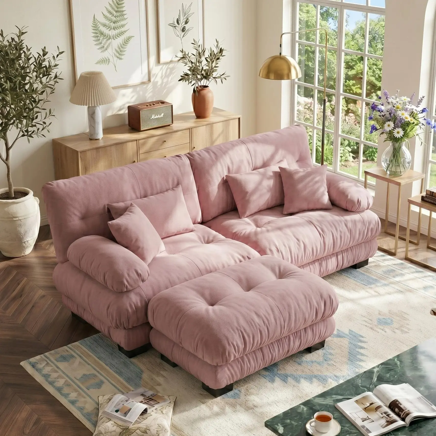 Eyisean 94.4" Chenille Tufted Back Modular Sectional Loveseat Sofa, Modern L-Shaped Upholstered Cloud Couch with Ottoman, 2 Lumbar Pillows, 2 Throw Pillows, Foam Deep Seat Sleeper, Sturdy Space-Saving for Living Room, Apartment, Sponge