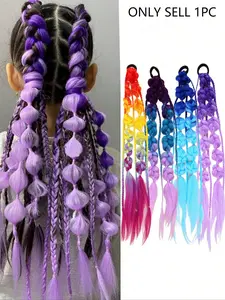 Rainbow Gradient Twisted Long Ponytail Hair Tie for Girls, Dual Color Bubble Braid Hairpiece, Ideal for Role Play and Music Festivals, Elastic Hair Accessory