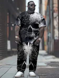 Men's 2-Piece Summer Set, 3D Skull Print, Casual Loose-Fit, Short Sleeve Top & Long Pants, Streetwear Style, All Seasons
