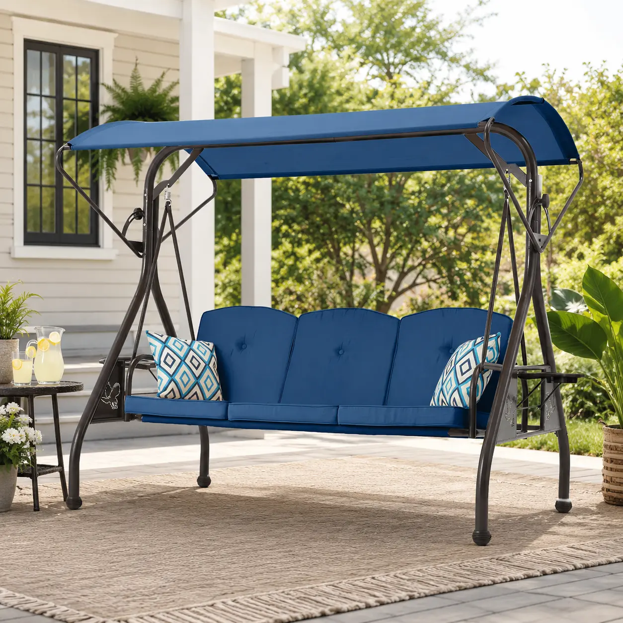 ZZW Classic Iron 3-Seat Outdoor Swing Chair with Stand, Adjustable Sun Protection Canopy, 2-in-1 Swing Bed, Waterproof Rustproof Patio Set (Includes 2 Free Outdoor Cushions, Butterfly Design Accents)