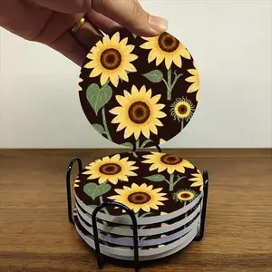 6-piece ceramic coaster set, featuring a sunflower pattern on a dark brown background. These heat-resistant, non-slip Kitchen Coasters come with a stand and are perfect for home, dining, or as beverage mats.