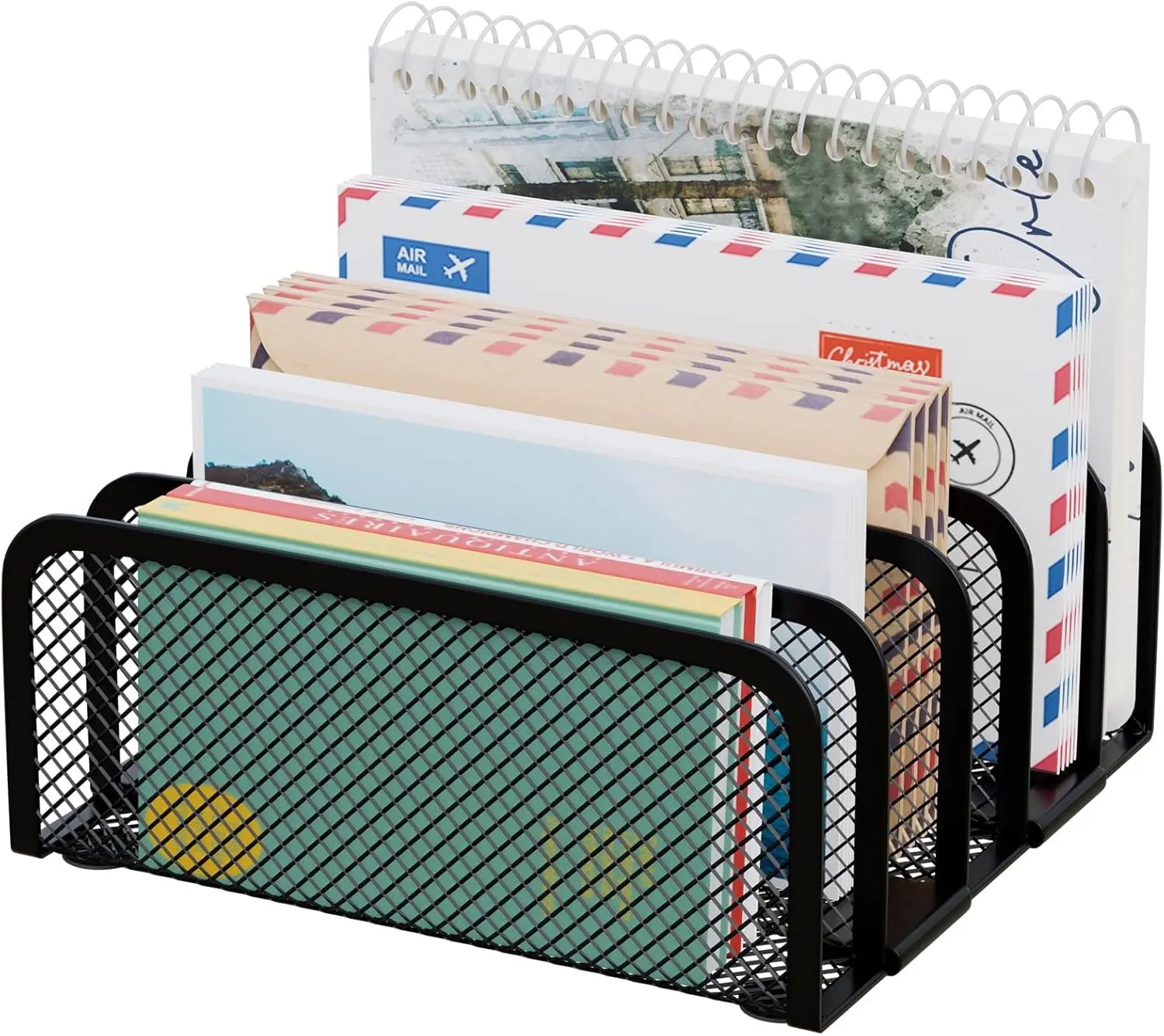 Black Metal 5-Slot Mail Organizer Countertop - 5 Spacious Compartments, 6.0×5.7×2.4 Inches, Anti-Slip Pads, Desk-Friendly Upright File Holder, Sorts Letters/Bills, Makeup Palettes Organizer for Home/Office, Modern
