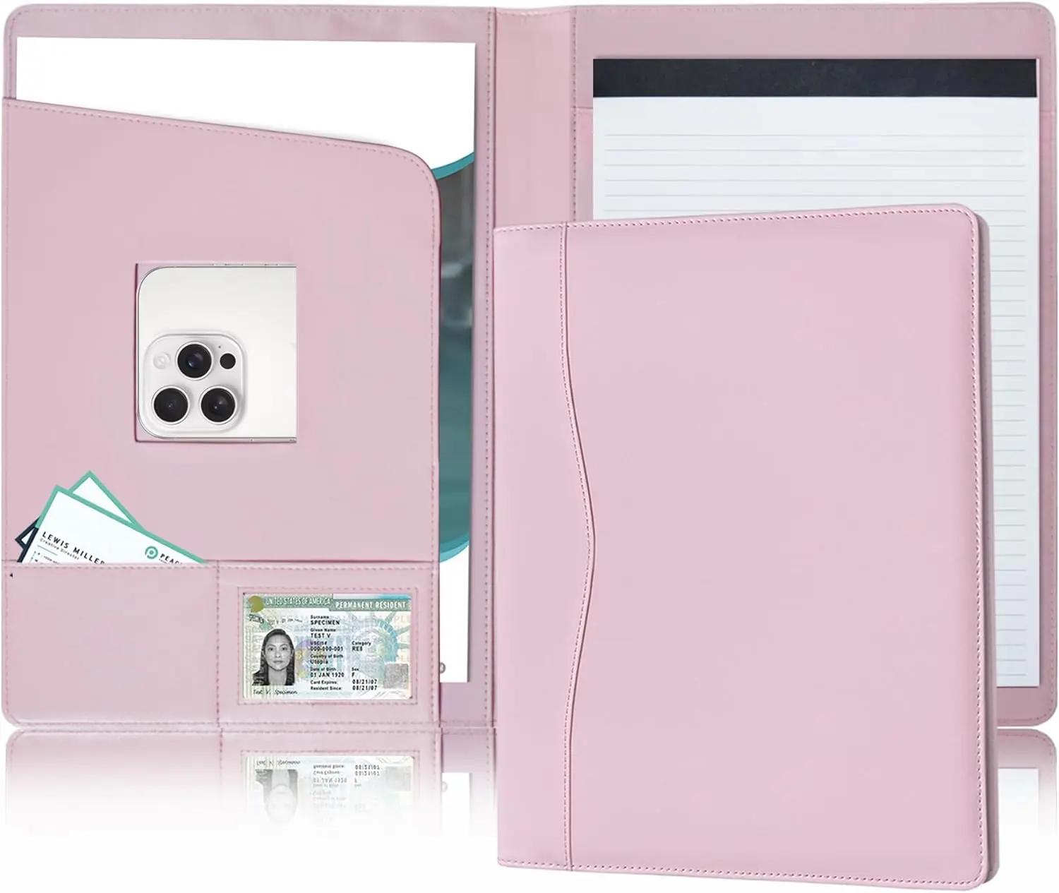 Synthetic Faux Leather Padfolio Organizer - Simple Document Holder with Clipboard, Cover, 2 Card Holders, 8.5*11" Horizontal Pocket, Letter/A4 Storage for Writing Pads, Envelopes, Notes (Pink, for Business Office, Birthday), Adults