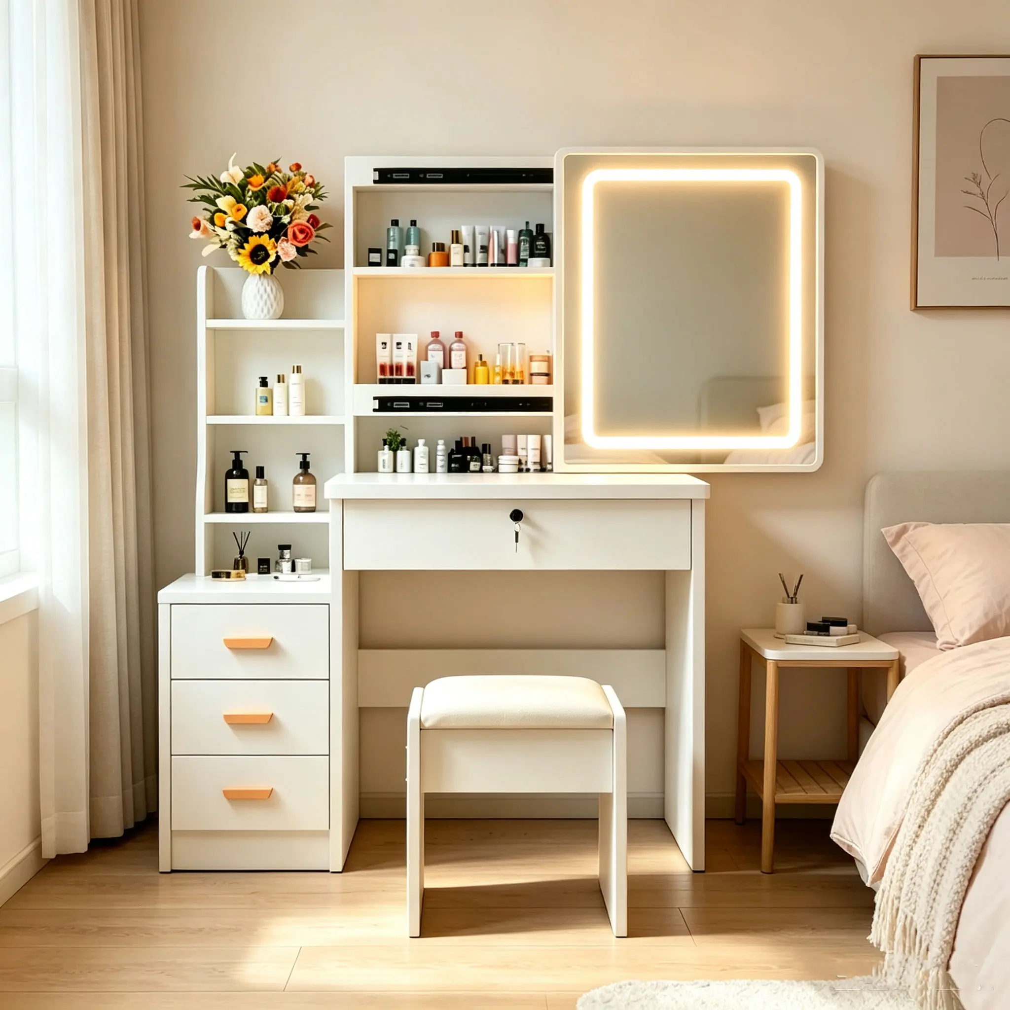 White makeup table set includes LED touch-control mirror; features storage compartments and a matching cushioned stool; suitable for various settings including bedrooms, living rooms, and dorms. fabric drawer sale blackfriday illuminated base  wood panel