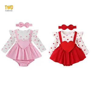 Valentine Baby Girl Outfit Heart Print Ribbed Long Sleeve Newborn Valentines day Romper Dress Headband Set