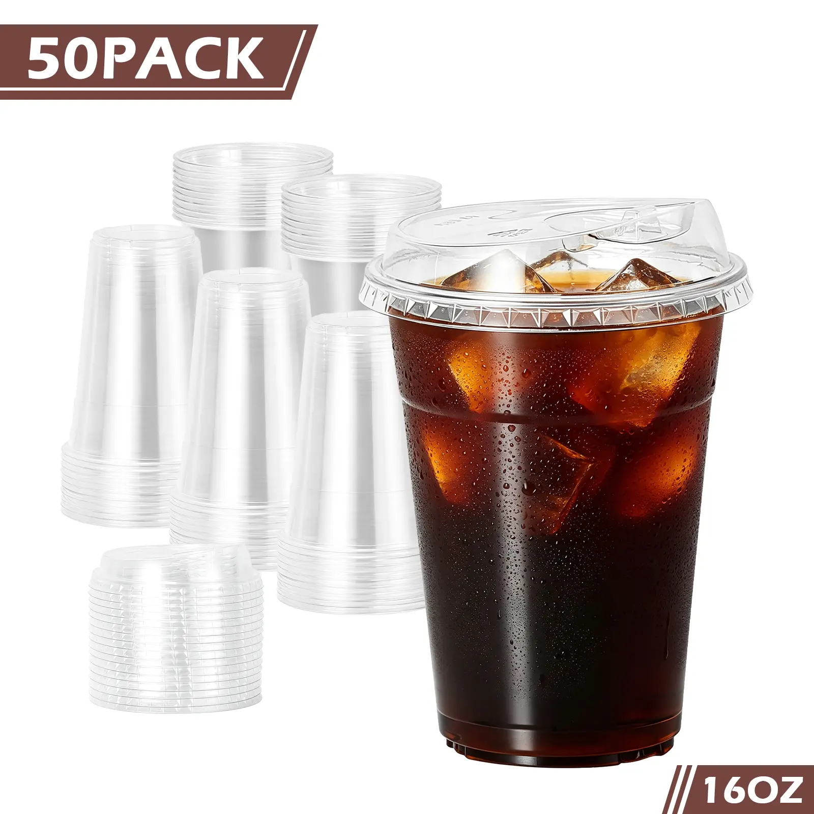 16oz Clear Plastic Disposable Tumblers, 50/100Pack BPA-Free Recyclable PET Leakproof To-Go Cups with Strawless Sip Lids, Home & Party Disposable Tableware for Iced Coffee, Smoothie, Bubble Tea