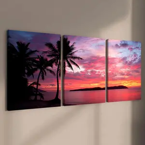 Wooden Framed Artistic Canvas Painting, 3 Counts/set Modern Art Sunset & Sea Pattern Wall Decor, Wall Art for Home Living Room Bedroom Office