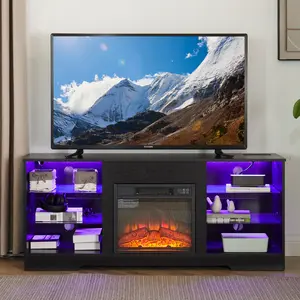 TV Stand Electric Fireplace  Glass Shelves, 3D Fireplace TV Stand with LED Lights Wood with USB Charging Outlet Modern Television Table Center for TV up to 62", 58''W*15.4''D*24.4