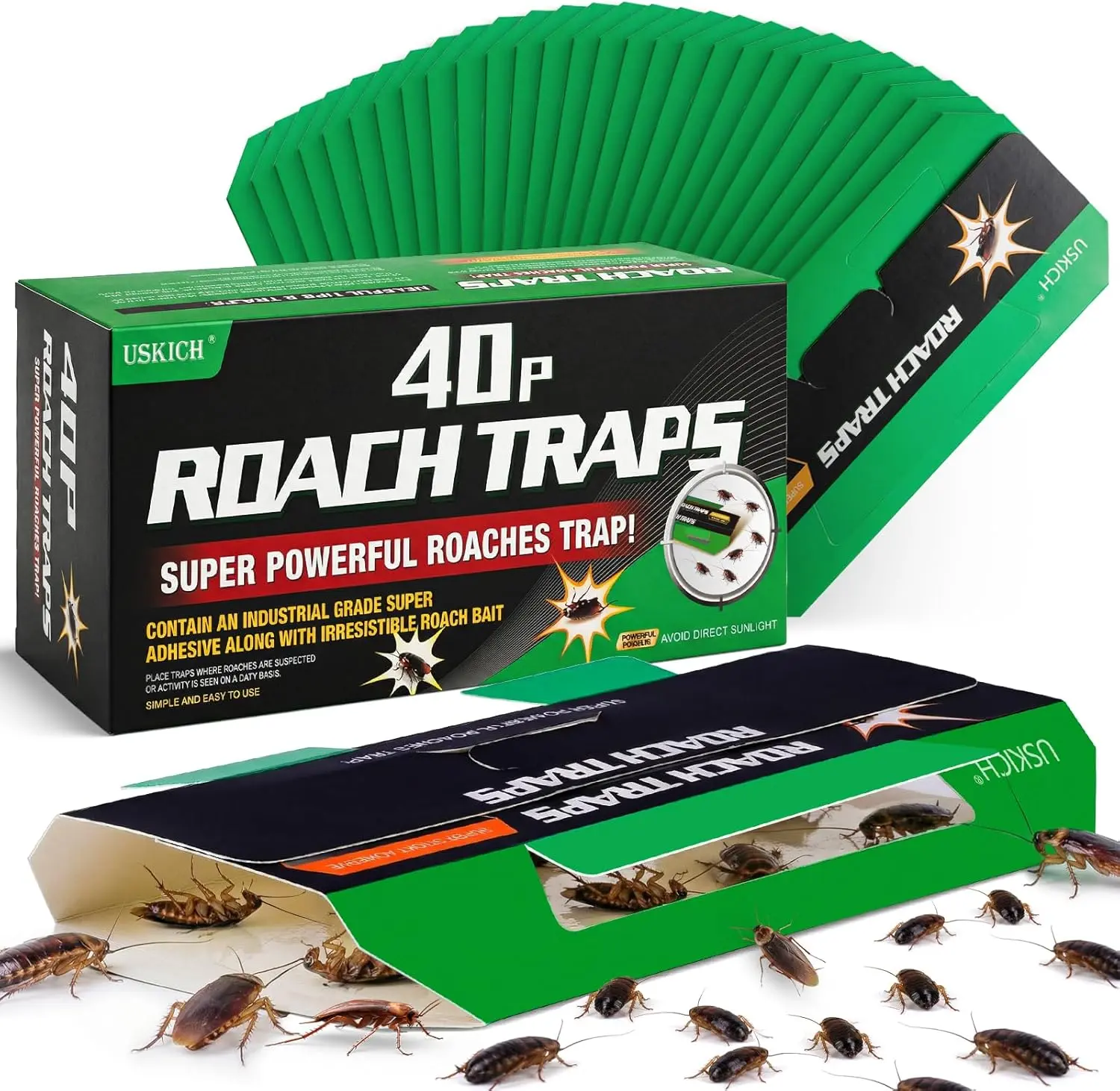 USKICH 40-Pack Indoor Sticky Roach Traps - Kid & Pet Friendly Glue Roach Motel with Upgraded Recipe for Home Indoor Insect Control