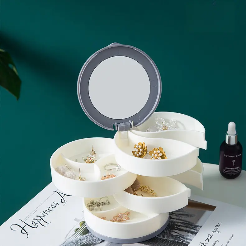 Korean Style ABS Plastic 360° Rotating Round Jewelry Organizer, Multi-Compartment Storage Box for Home Organization