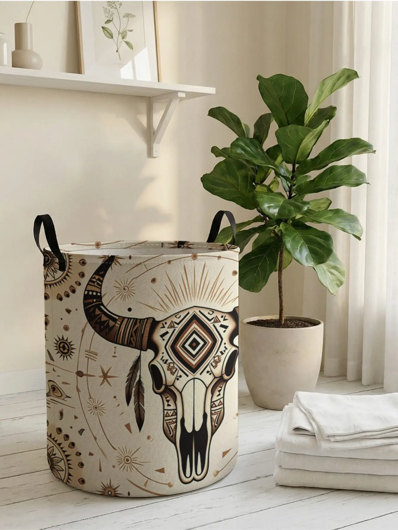 1 piece of 2D printed open storage box with tribal style skull pattern, double handle reinforcement + foldable storage, Clothes Hamper | dirty laundry storage/toy organization/home decoration all-purpose match