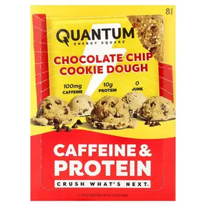 Quantum Energy Square Caffeine & Protein Bar, Chocolate Chip Cookie Dough, 8 Bars, 1.69 oz (48 g) Each