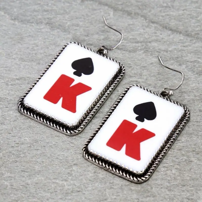 Western Spade King Rectangle Dangle Earrings - Unique Design with Bold Red 'K' and Black Spade Symbol