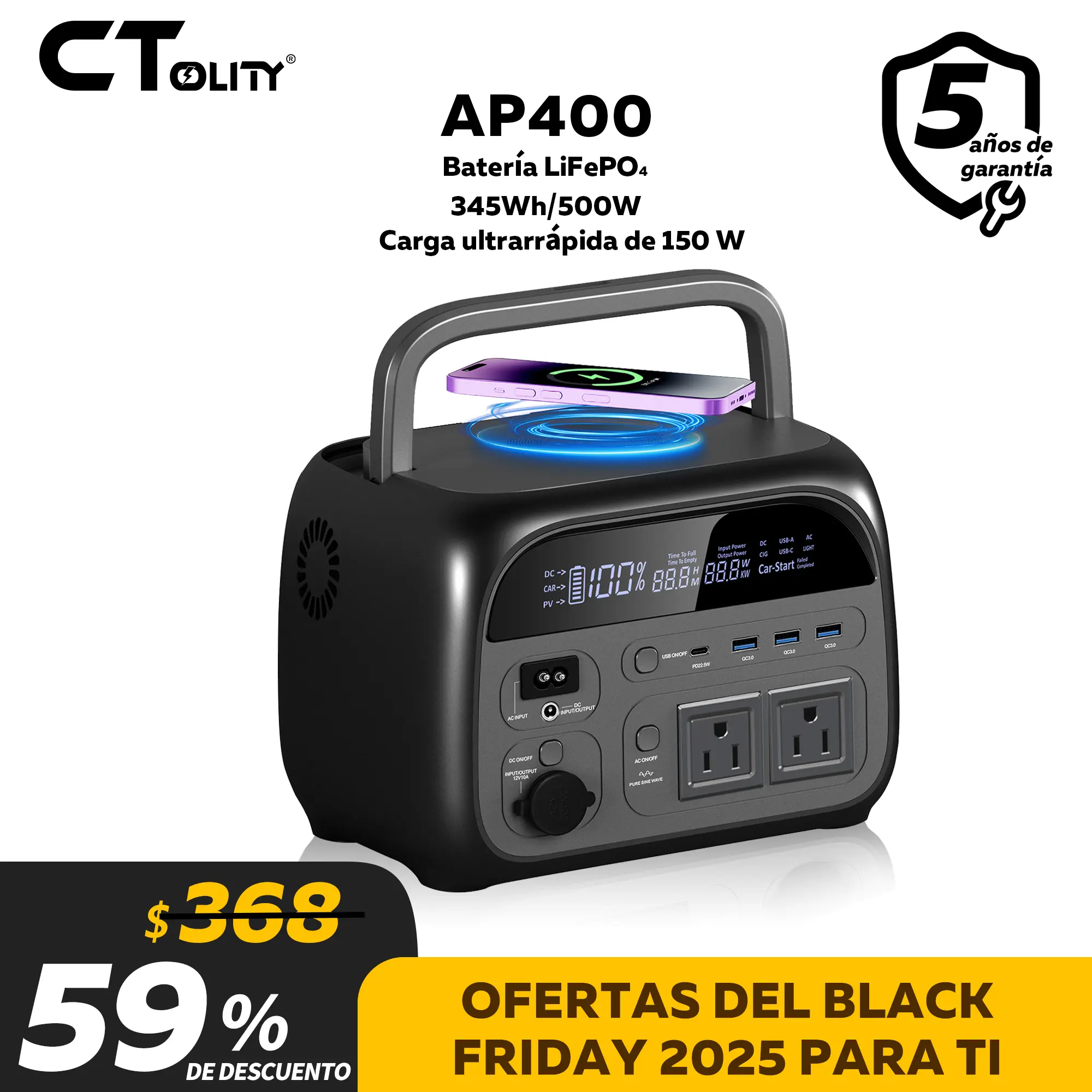 CTOLITY AP400 Portable Power Station - 500W Pure Sine Wave AC Output, 345Wh LiFePO4 Battery, LED Lights, USB QC3.0, USB Type-A, Fast Charge, Fast Wireless Charging, 20W Solar-Powered, Home Backup, Outdoor Emergency & Car Supplies