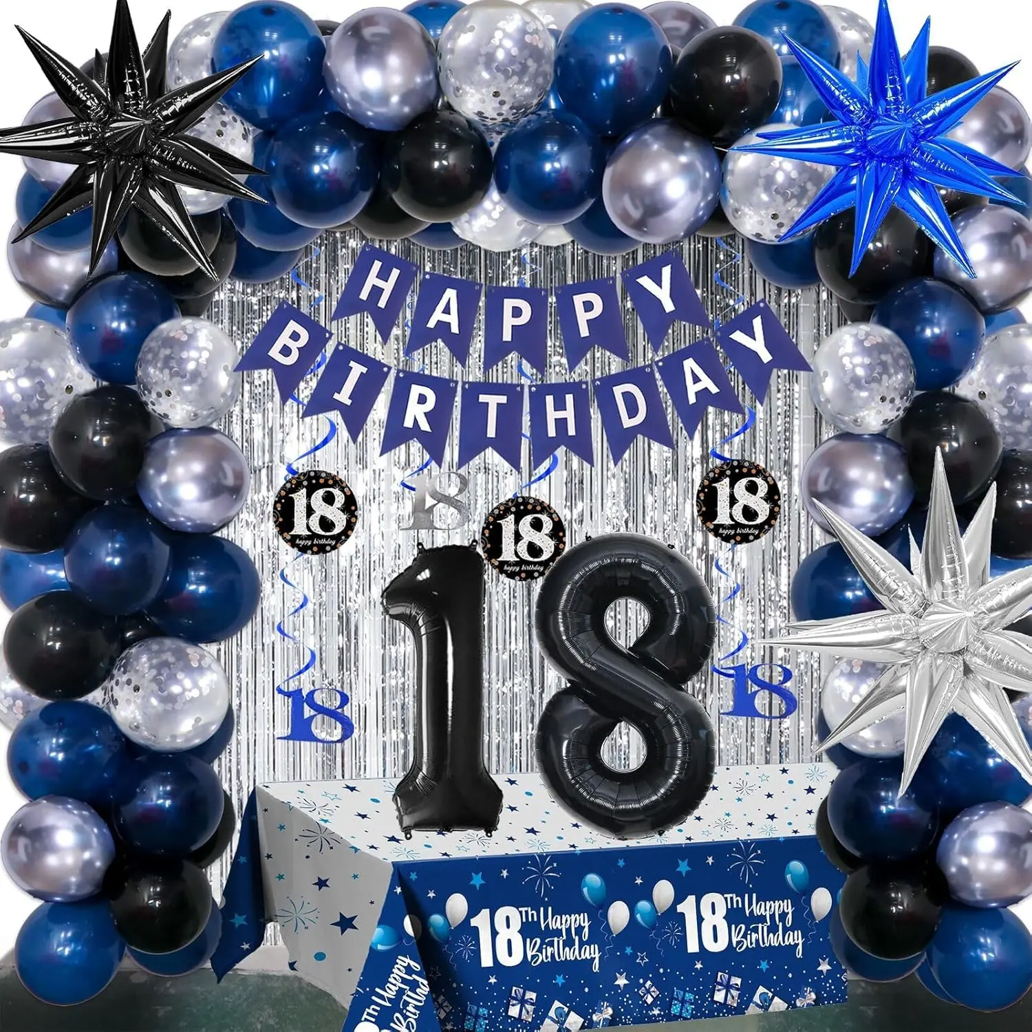 18th Birthday Decorations with Dark Blue & Black Balloons, Happy Birthday Banner & Arch Kit