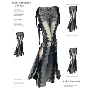 Women’s Low-Rise Split Bootcut Jeans — Spring Eyelet Lace-Up Flared Denim, Retro Stitch, Slim Fit, Bell-Bottom Streetwear
