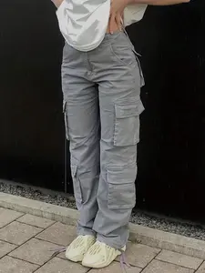 Women's Plain High Waist Button Cargo Pants, Casual Streetwear Pocket Design Trousers for Fall & Winter, Ladies Bottoms for Daily Wear, Baggy Pants, Womenswear