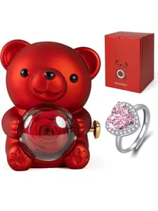 Heart-Shaped Ring Box with Cute Bear and Rose Pattern, Rotating Surprise Gift Box, Perfect for Birthday, Anniversary, Christmas, Valentine's Day