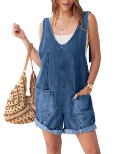 BerryGo Womens Comfort Casual Sleeveless V Neck Denim Romper Overall Shorts Summer Jean Romper Denim Outfit With Pocket Womenswear Suits Underwear Lady