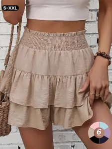 Women's 2026 Spring Summer High Waist Ruffle Tiered Mini Skirt, Elastic Smocked Paperbag Waist Flowy Layered Cake Skort, Casual Solid Lightweight Pleated Short Skirts for Beach Vacation Streetwear