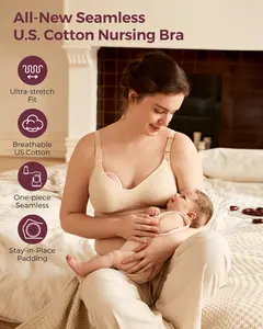 Momcozy Nursing Bras for Breastfeeding, Soft U.S. Cotton Seamless Maternity Bra, Fixed Padding, Wireless Pregnancy, All-Day Comfort