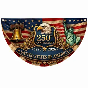 USA 1776-2026 250th Semiquincentennial Polyester Semicircular Flag, Patriotic Half-Round Porch Banner, Lightweight Weatherproof Outdoor Decoration for 2026 Independence Day Home Festive Supply