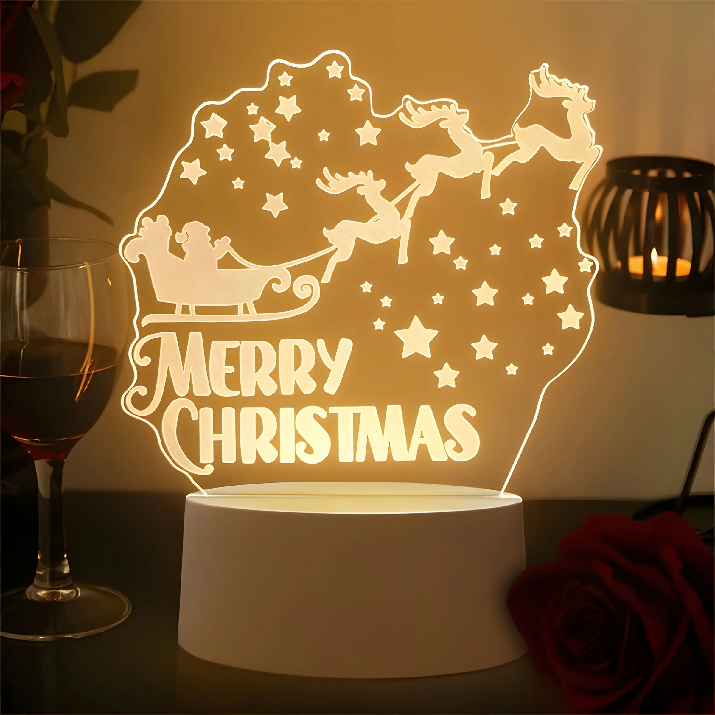 Santa Claus & Reindeer 3D Night Light, USB Powered Acrylic Table Lamp with Switch, Perfect Holiday Gift for Family and Friends, Christmas Decor